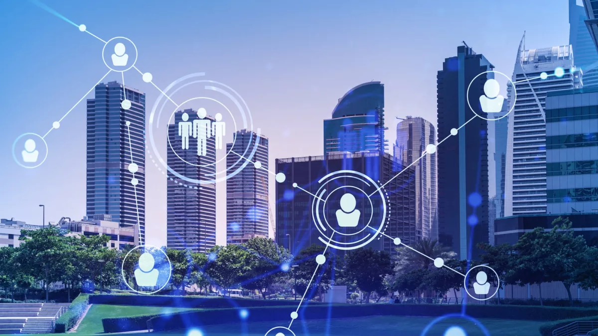 Franchise development growth engine illustrated by a modern city network with connected business nodes