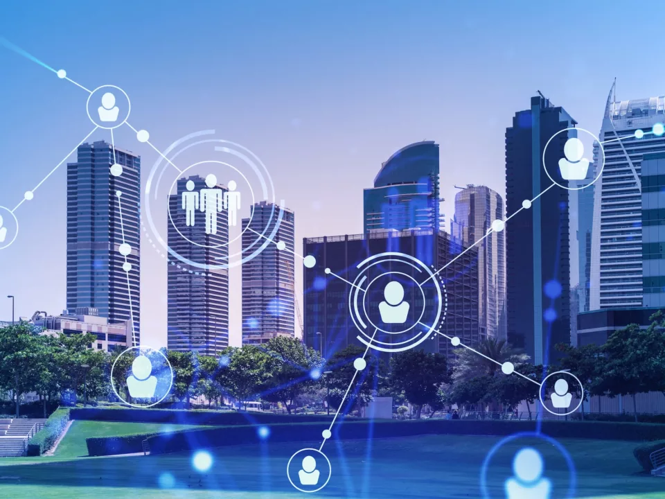 Franchise development growth engine illustrated by a modern city network with connected business nodes