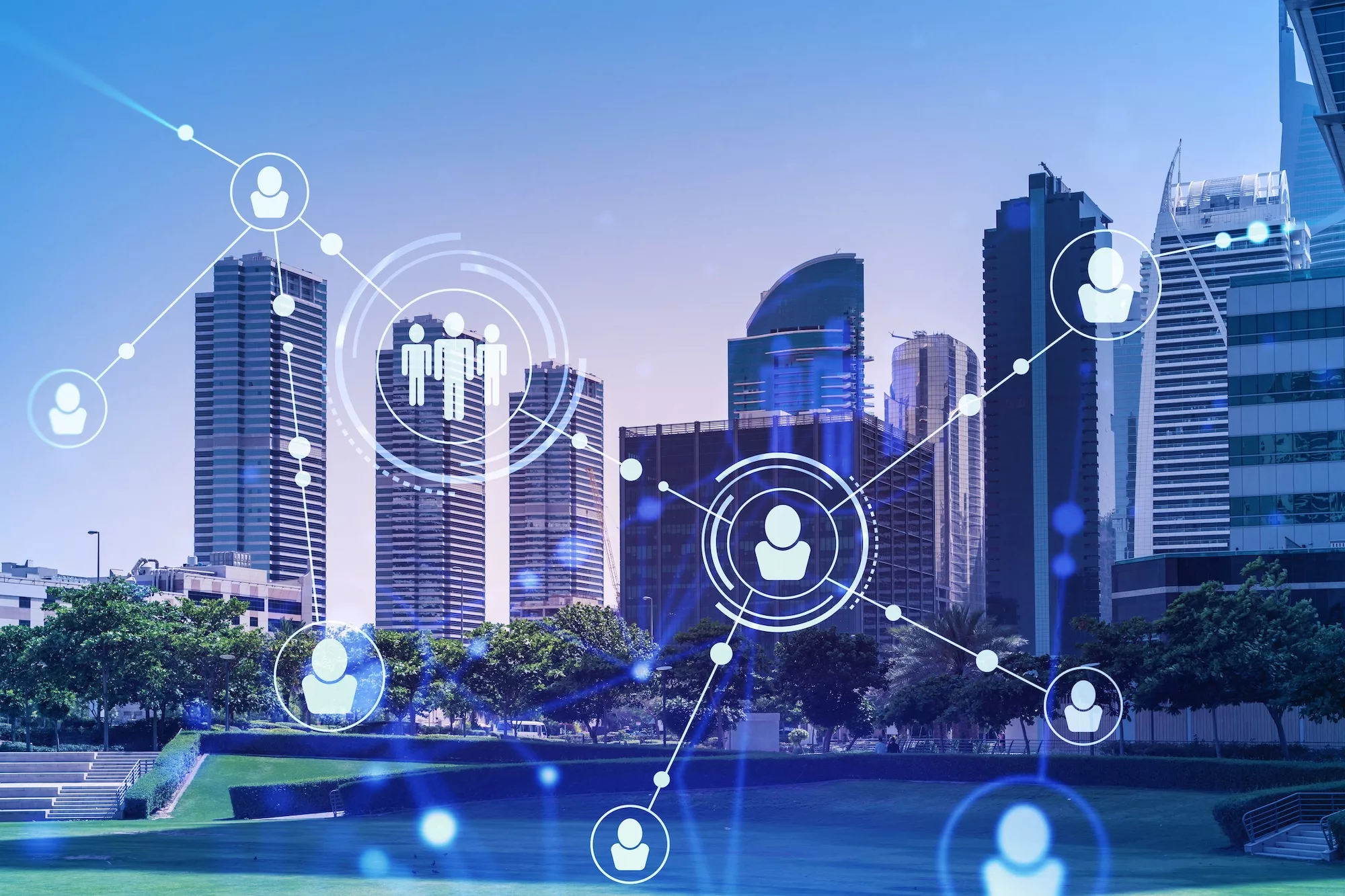 Franchise development growth engine illustrated by a modern city network with connected business nodes